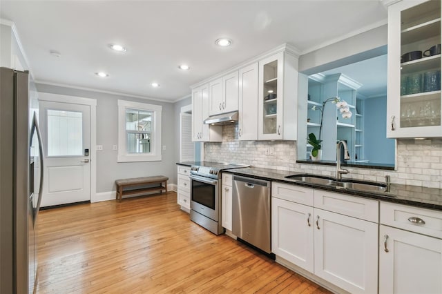 kitchen with crown molding, white cabinets, appliances with stainless steel finishes, under cabinet range hood, and a sink