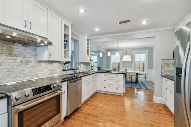kitchen with visible vents, a sink, appliances with stainless steel finishes, a peninsula, and under cabinet range hood