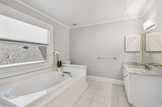full bathroom featuring visible vents, crown molding, vanity, tile patterned floors, and a garden tub