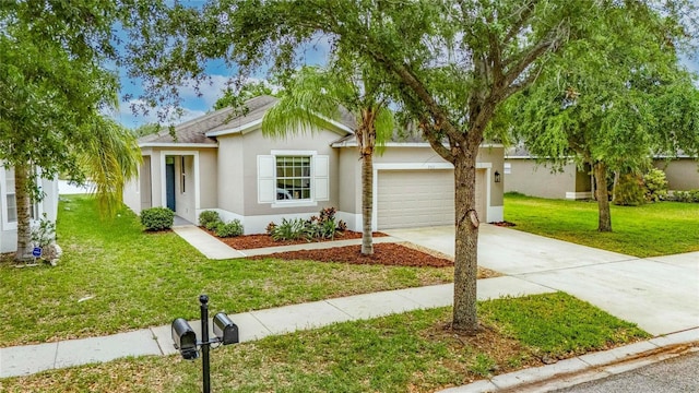 7511 Turtle View Dr, Ruskin, FL 33573 - ranch-style home with concrete driveway, an attached garage, stucco siding, and a front lawn