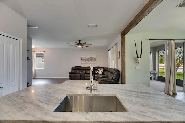 7511 Turtle View Dr, Ruskin, FL 33573 - kitchen with light stone countertops, healthy amount of natural light, a ceiling fan, and a center island with sink