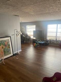interior space with a textured ceiling and wood finished floors