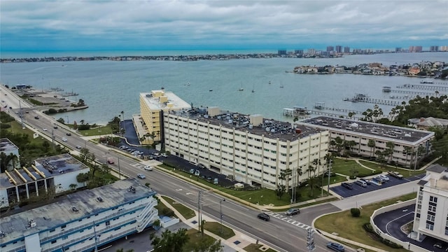 aerial view with a water view and a view of city