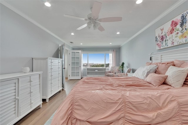 bedroom featuring a ceiling fan, light wood-style floors, crown molding, recessed lighting, and access to outside