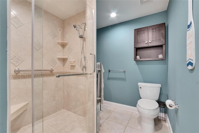 full bathroom featuring baseboards, a stall shower, tile patterned flooring, toilet, and visible vents