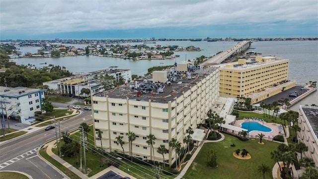 drone / aerial view with a water view