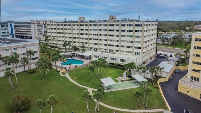 birds eye view of property with a city view