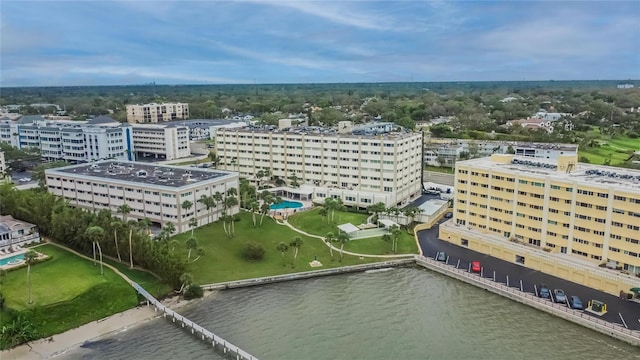 aerial view with a water view and a view of city