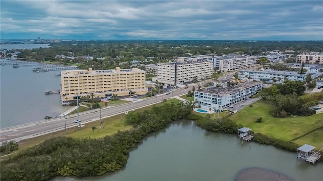 aerial view with a water view and a view of city
