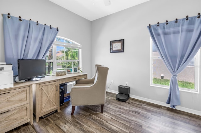 office area featuring dark wood-type flooring and baseboards