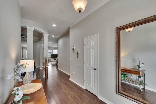 20537 Lace Cascade Rd, Land O Lakes, FL 34637 - corridor with ornate columns, hardwood / wood-style flooring, ornamental molding, baseboards, and recessed lighting