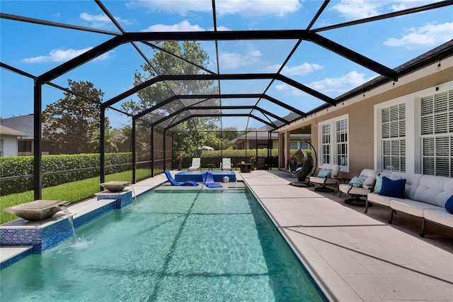 20537 Lace Cascade Rd, Land O Lakes, FL 34637 - view of swimming pool with a jacuzzi, a patio, outdoor lounge area, and glass enclosure