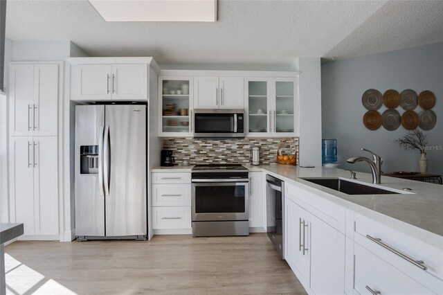 kitchen featuring light wood-style floors, tasteful backsplash, stainless steel appliances, and a sink