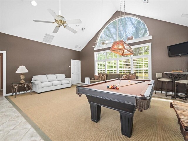 recreation room with pool table, baseboards, visible vents, a ceiling fan, and high vaulted ceiling