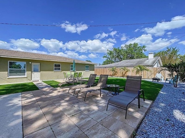view of patio with a fenced backyard and outdoor dining area