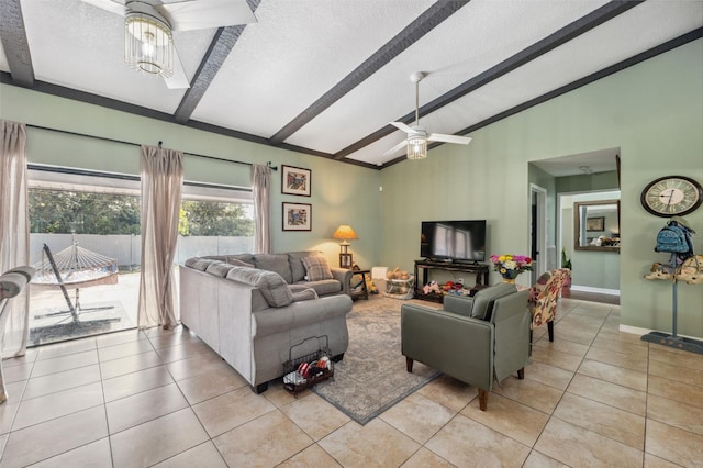 2906 Beagle Pl, Seffner, FL 33584 - living area with light tile patterned floors, baseboards, lofted ceiling with beams, a ceiling fan, and a textured ceiling