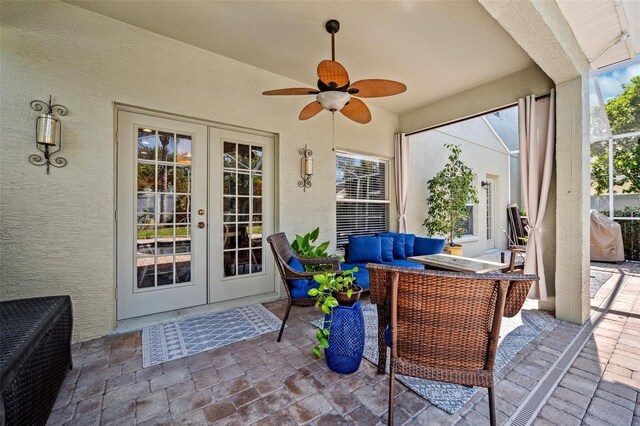 11519 Cypress Reserve Dr, Tampa, FL 33626 - view of patio / terrace featuring an outdoor living space, french doors, a ceiling fan, and glass enclosure
