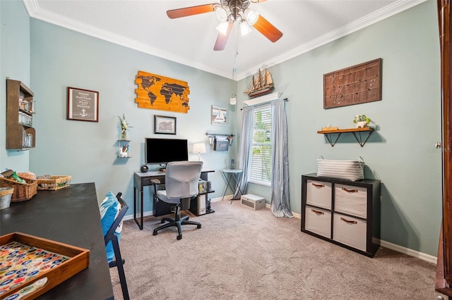 11519 Cypress Reserve Dr, Tampa, FL 33626 - carpeted home office featuring crown molding, ceiling fan, and baseboards