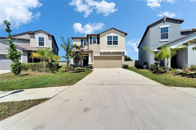 view of front of home with an attached garage, driveway, stucco siding, and a front lawn