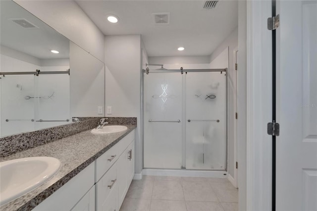 full bath with a shower stall, tile patterned floors, a sink, and visible vents
