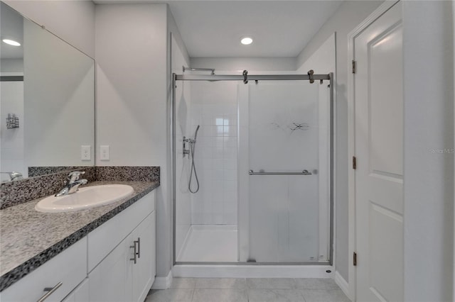 bathroom featuring tile patterned floors, vanity, and a stall shower