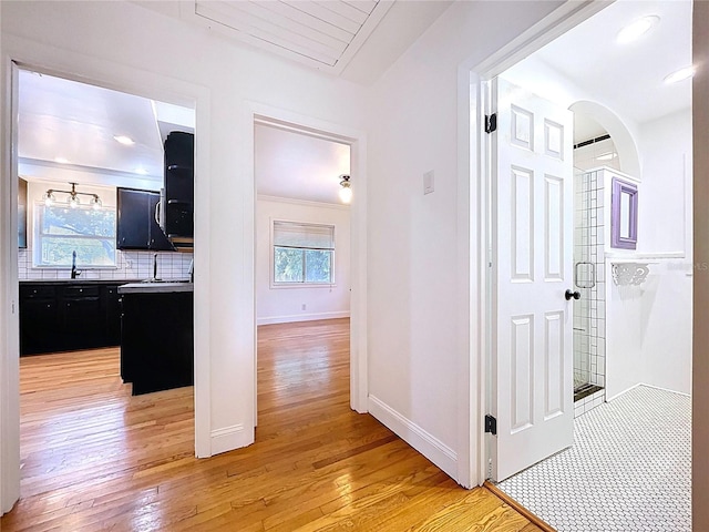 6920 Bougainvilla Ave S, Saint Petersburg, FL 33707 - corridor with a sink, baseboards, light wood finished floors, and a healthy amount of sunlight