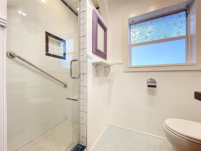 6920 Bougainvilla Ave S, Saint Petersburg, FL 33707 - full bathroom with toilet, a shower stall, and wainscoting