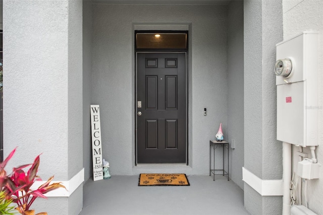 33083 Frosted Clover Way, Wesley Chapel, FL 33545 - doorway to property with stucco siding