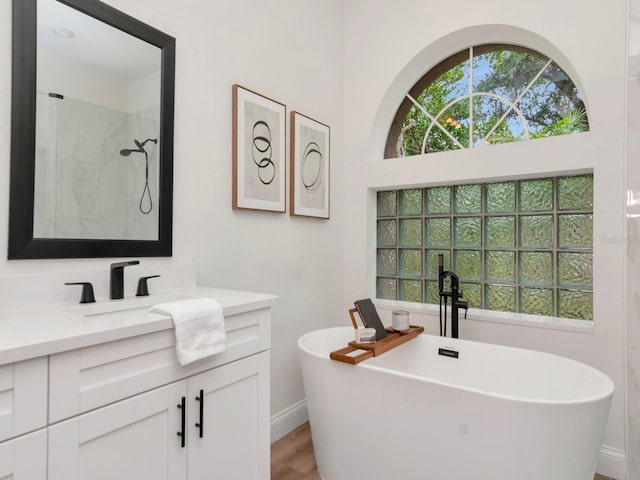 3728 Cypress Meadows Rd, Tampa, FL 33624 - bathroom with vanity, a freestanding bath, wood finished floors, and baseboards