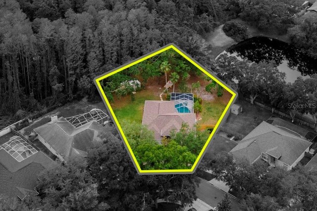 3728 Cypress Meadows Rd, Tampa, FL 33624 - view from above of property featuring property boundaries highlighted and a heavily wooded area