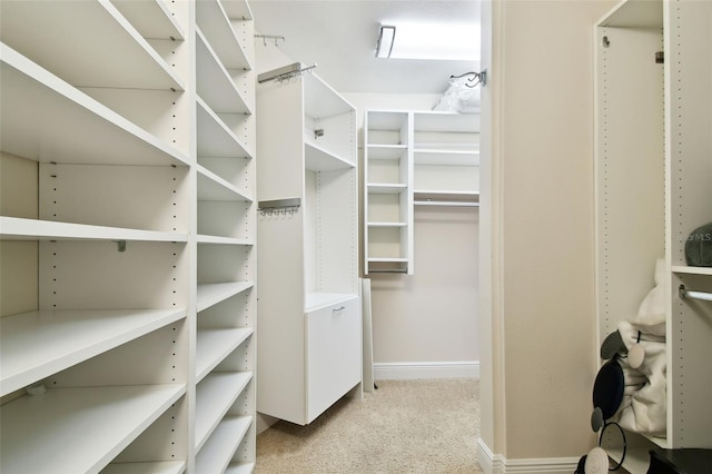 spacious closet featuring light colored carpet