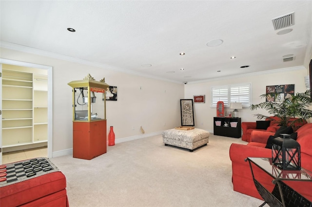 living room featuring light colored carpet, ornamental molding, and visible vents