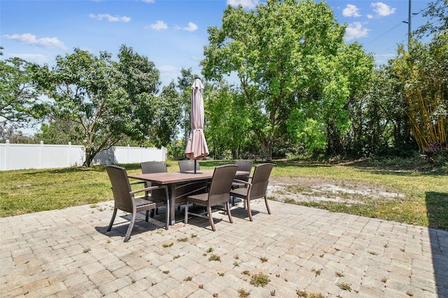 view of patio featuring outdoor dining area and fence