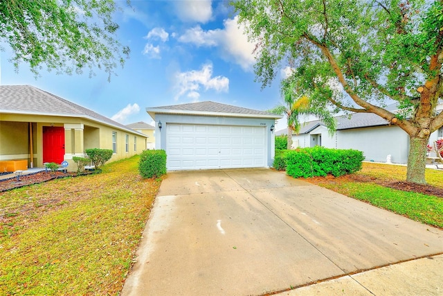 15410 Quail Woods Pl, Ruskin, FL 33573 - ranch-style home featuring concrete driveway, a shingled roof, stucco siding, and a front lawn