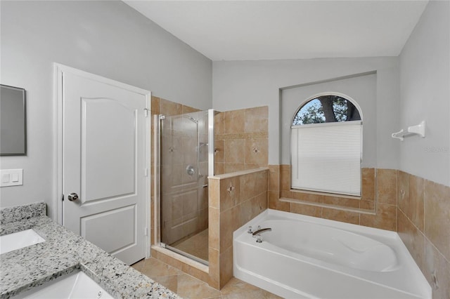 2745 Buckhorn Preserve Blvd, Valrico, FL 33596 - full bathroom featuring vanity, a stall shower, tile patterned floors, a bath, and lofted ceiling
