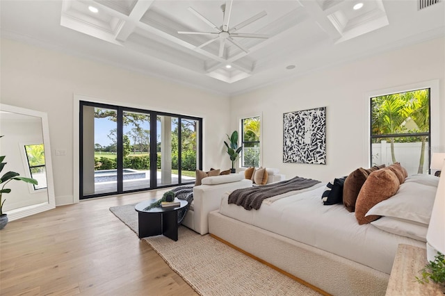 bedroom featuring light wood-type flooring, beam ceiling, recessed lighting, access to outside, and coffered ceiling