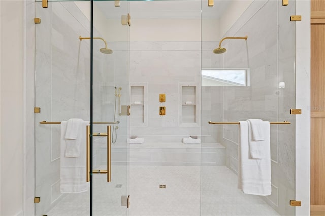 full bath featuring ornamental molding, tile patterned floors, and a stall shower