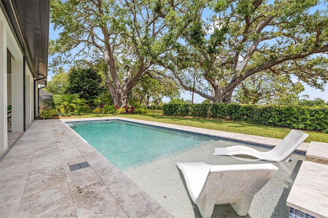 view of pool with a patio, a fenced in pool, and a lawn