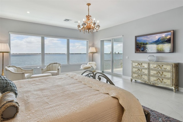 90 Martinique Ave, Tampa, FL 33606 - tiled bedroom featuring a water view, baseboards, an inviting chandelier, visible vents, and access to outside