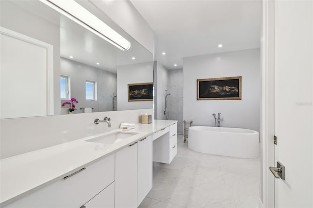 90 Martinique Ave, Tampa, FL 33606 - full bathroom featuring a freestanding bath, tiled shower, recessed lighting, marble finish floor, and vanity