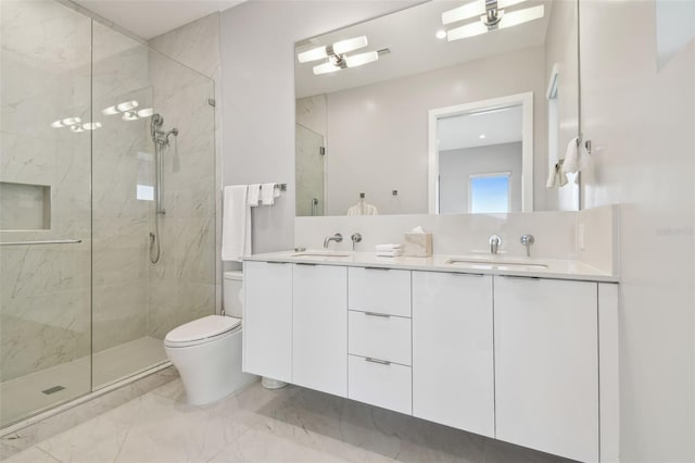 90 Martinique Ave, Tampa, FL 33606 - bathroom with toilet, a sink, a marble finish shower, and double vanity