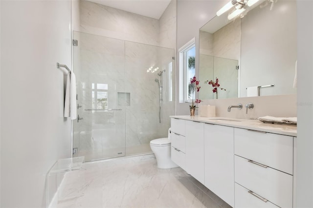 90 Martinique Ave, Tampa, FL 33606 - full bathroom with a shower stall, marble finish floor, toilet, vanity, and ceiling fan