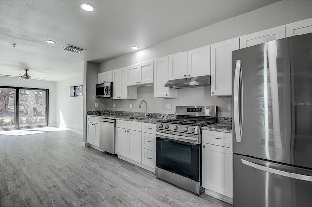 kitchen featuring a sink, appliances with stainless steel finishes, a ceiling fan, under cabinet range hood, and recessed lighting