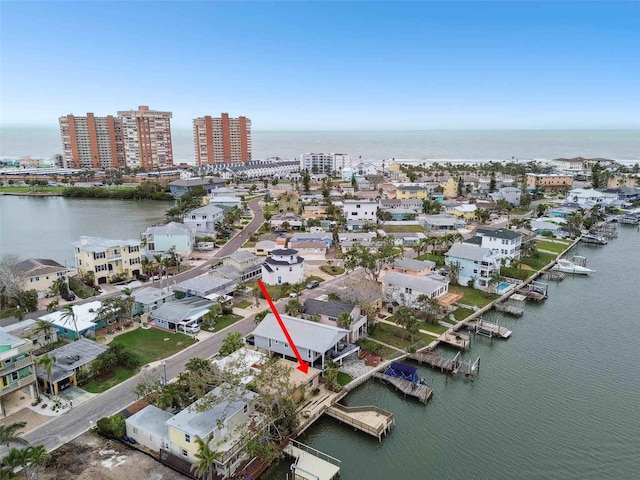 bird's eye view with a city view and a water view