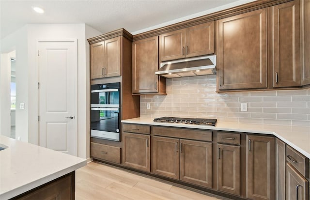 10317 Cross River Trl, Parrish, FL 34219 - kitchen featuring exhaust hood, stainless steel appliances, light wood finished floors, backsplash, and recessed lighting