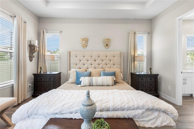 4365 Frontera Ln, Wesley Chapel, FL 33543 - bedroom featuring a raised ceiling, wood finished floors, baseboards, and connected bathroom