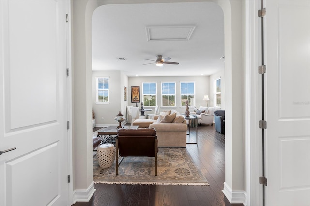 4365 Frontera Ln, Wesley Chapel, FL 33543 - living room featuring baseboards, visible vents, dark wood-style floors, and ceiling fan