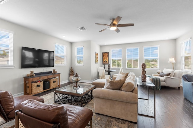 4365 Frontera Ln, Wesley Chapel, FL 33543 - living area featuring recessed lighting, visible vents, a ceiling fan, wood-type flooring, and baseboards