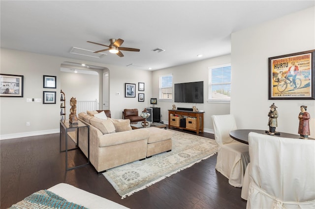 4365 Frontera Ln, Wesley Chapel, FL 33543 - living area with dark wood-style floors, ceiling fan, baseboards, visible vents, and recessed lighting