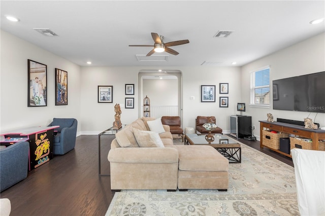 4365 Frontera Ln, Wesley Chapel, FL 33543 - living area featuring a ceiling fan, wood finished floors, visible vents, and recessed lighting